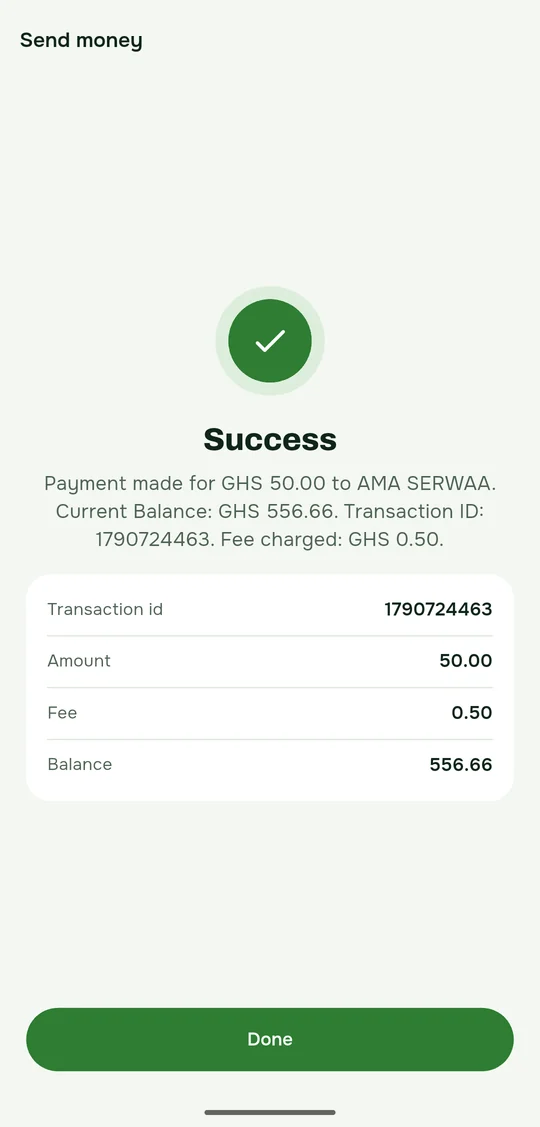 Success: the transaction ID, amount, fee and new balance