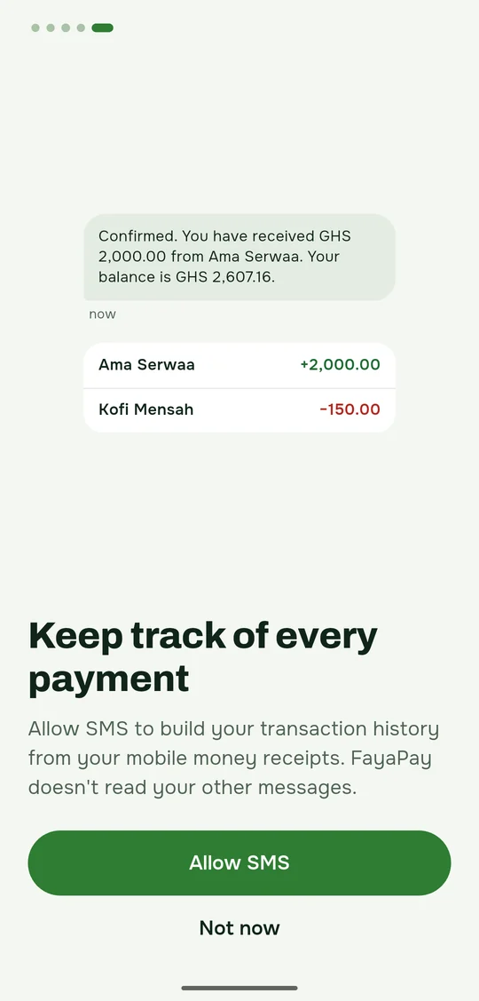 Keep track of every payment: an SMS receipt from Ama Serwaa becoming a row in the payment history